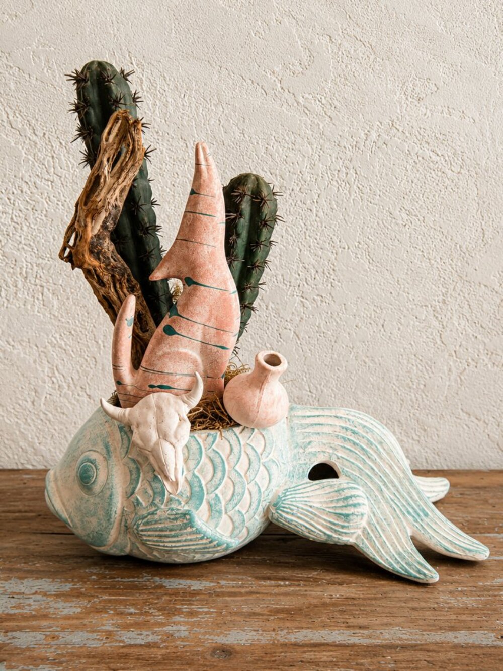 Southwestern Boho Ceramic Fish Planter | Desert Cactus Sculpture | Coastal Ranch